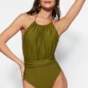 Trendyol Khaki Halterneck Pleated High Leg Swimsuit