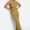 Trendyol Khaki Knitted Textured Crop Blouse Trousers Beach Set