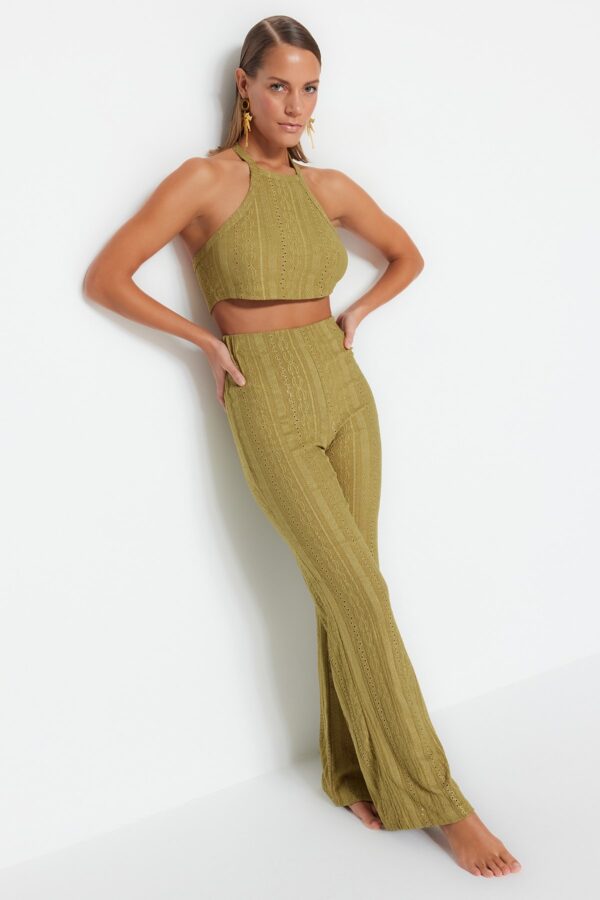 Trendyol Khaki Knitted Textured Crop Blouse Trousers Beach Set