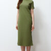 Trendyol Khaki Knitwear Tape Detailed Crew Neck Short Sleeve Elastic Knitted Dress