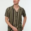 Trendyol Khaki Men's Regular Fit Striped Quilted Collar Loose Viscose Shirt
