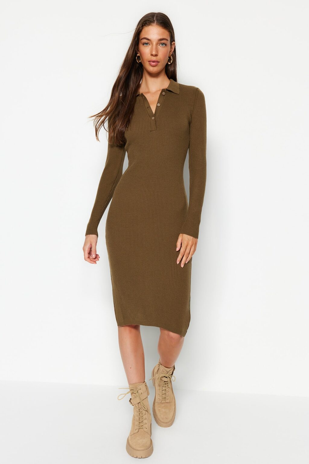 Trendyol Khaki Midi kötöttáru póló nyakú ruha