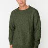 Trendyol Khaki Oversize Crew Neck Hair Knit Sweater