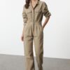 Trendyol Khaki Pocket Detailed Pleated Denim Overalls