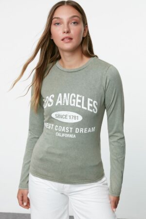 Trendyol Khaki Printed Crew Neck Faded Effect Slim Fit Knitted T-Shirt Trendyol Khaki Printed Crew Neck Faded Effect Slim Fit Knitted T-Shirt