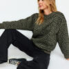 Trendyol Khaki Printed Regular Fit Knitted Sweatshirt with Fleece Inside
