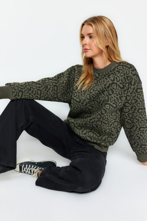 Trendyol Khaki Printed Regular Fit Knitted Sweatshirt with Fleece Inside