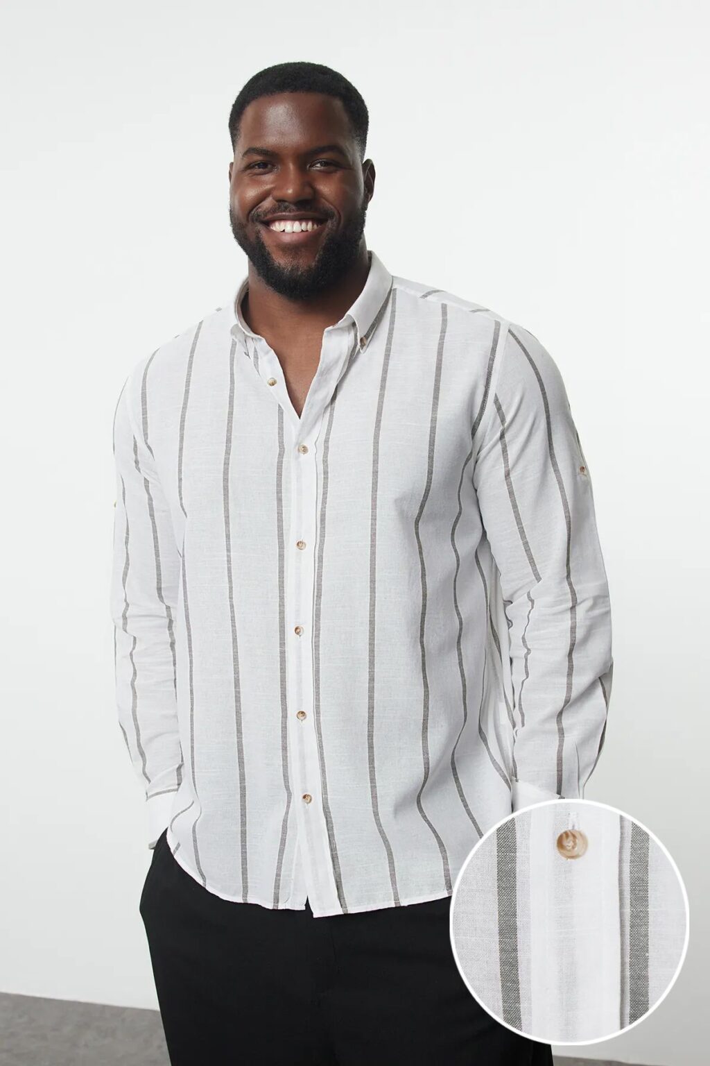 Trendyol Khaki Regular Fti Button Collar Slim Striped Plus Size Shirt