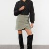 Trendyol Khaki Ruffle Detailed Double Breasted Mini Woven Skirt