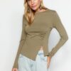 Trendyol Khaki Single Slit Detailed Cotton Gathered Crew Neck Knitted Blouse