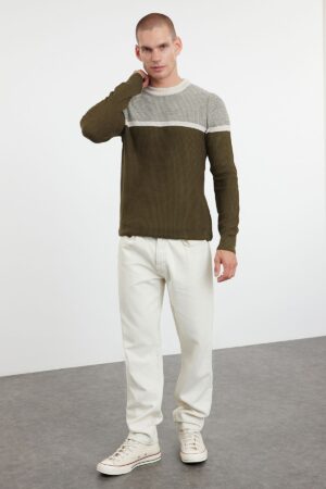 Trendyol Khaki Slim Fit Crew Neck Color Block Knitwear Sweater