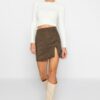 Trendyol Khaki Slit Suede Mini Knitted Skirt