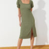 Trendyol Khaki Square Collar Balloon Sleeve A-Line Slit Detailed Wrap/Textured Midi Knitted Dress