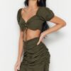 Trendyol Khaki Woven Gathered Blouse and Skirt Set