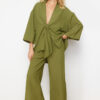 Trendyol Khaki Woven Tied Linen Blend Shirt Trousers Beach Suit