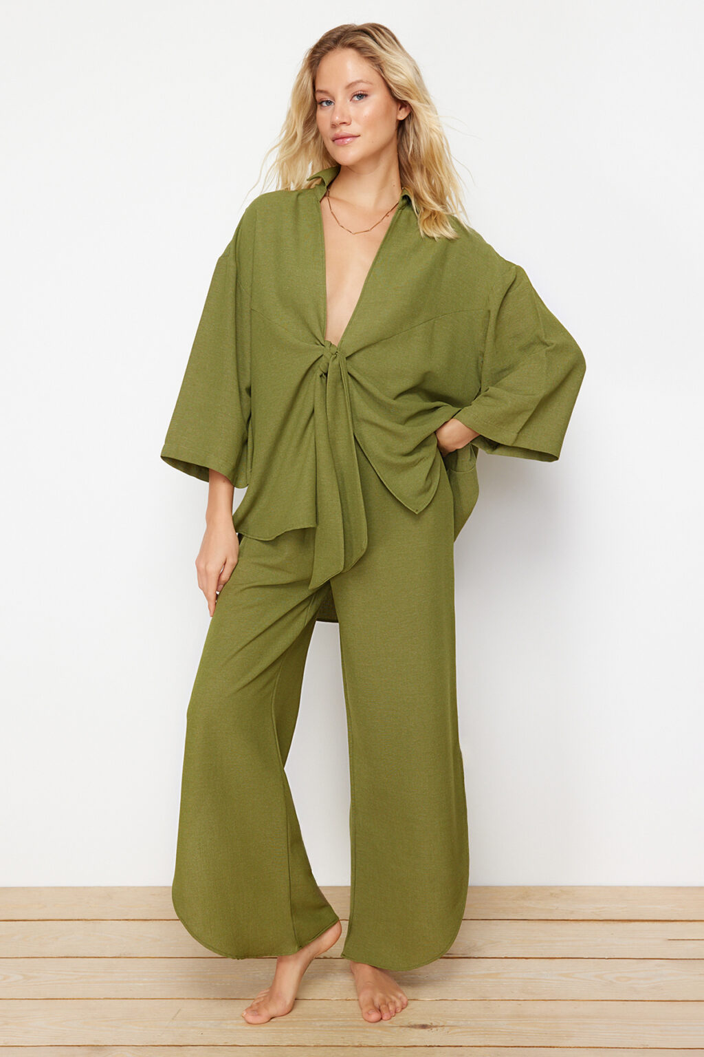 Trendyol Khaki Woven Tied Linen Blend Shirt Trousers Beach Suit