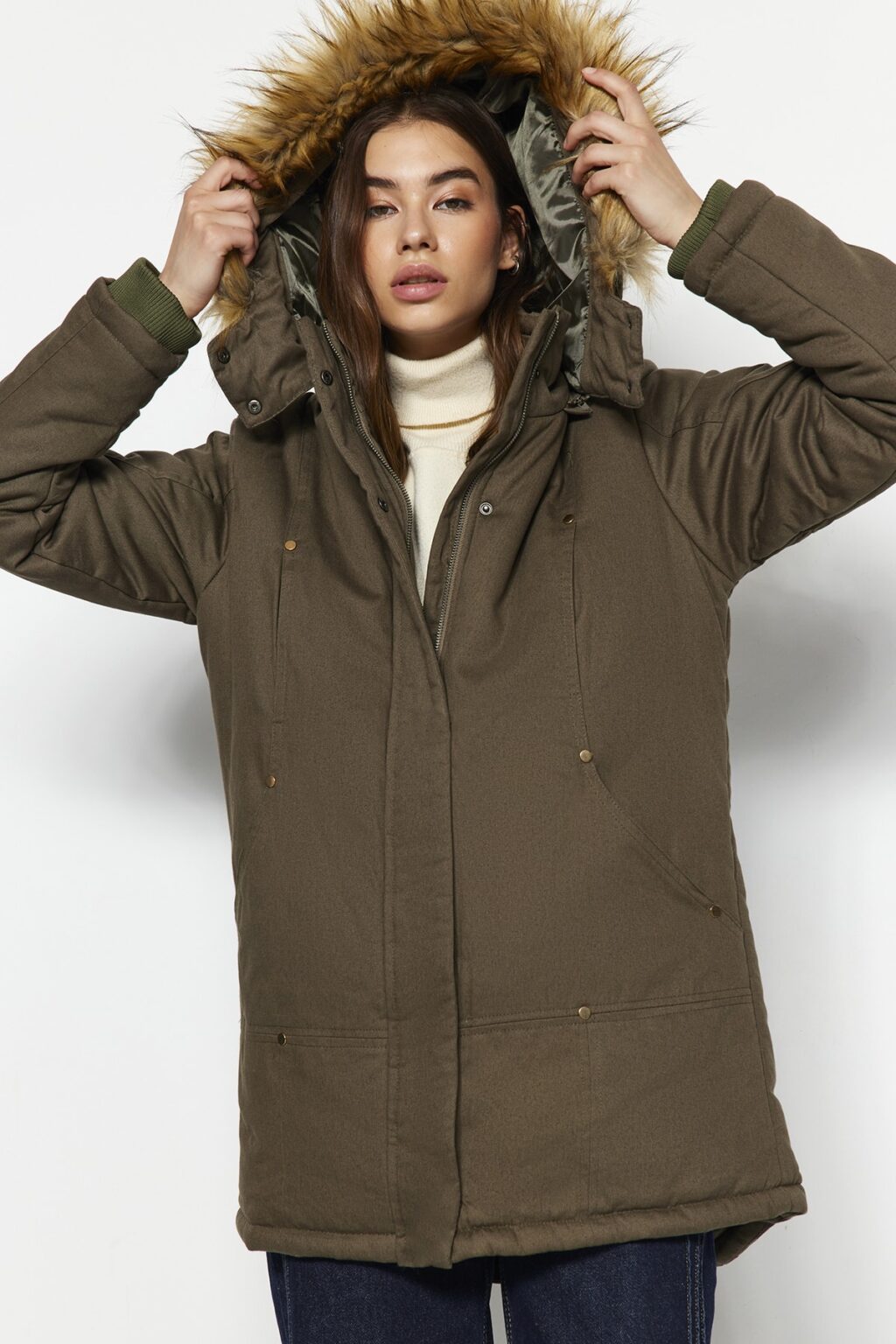 Trendyol Khaki szőrme parka kabát kapucnis vízlepergetővel
