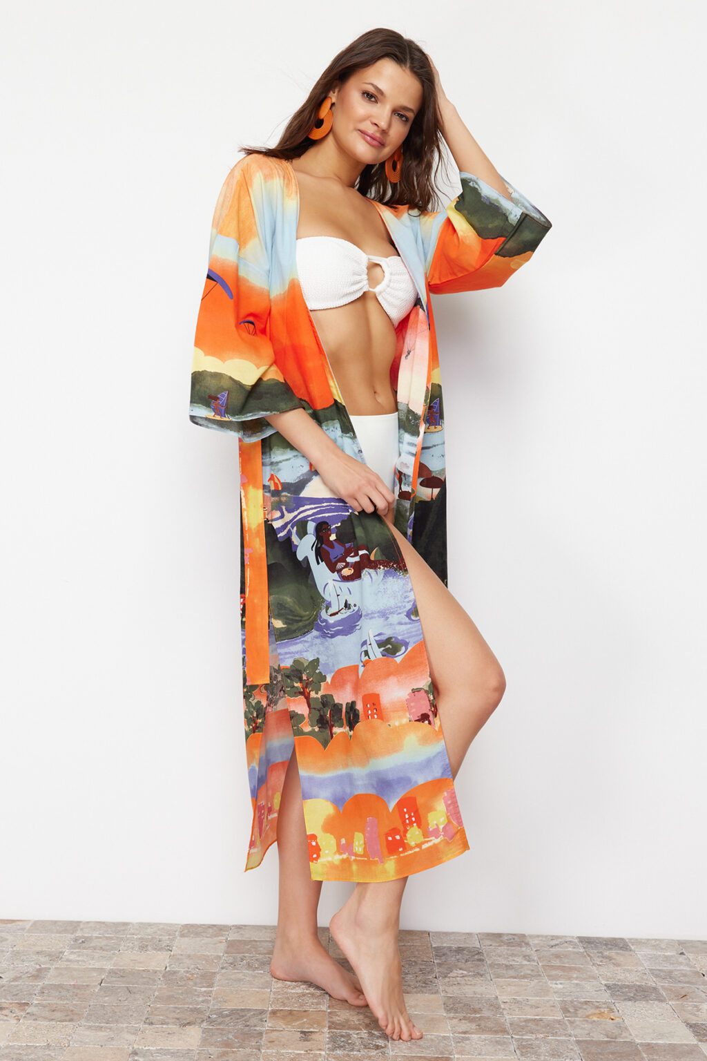 Trendyol Landscape Patterned Belted Maxi Woven Beach Kimono&Caftan