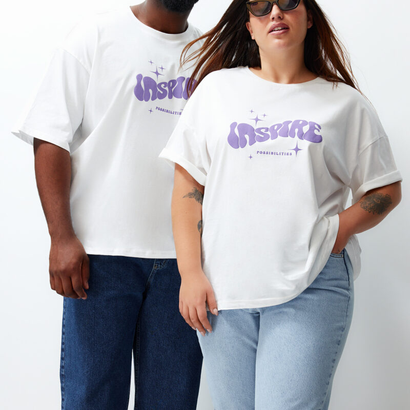 Trendyol Large Size Ecru Unisex Oversize Comfortable 100% Cotton Printed Couple T-Shirt
