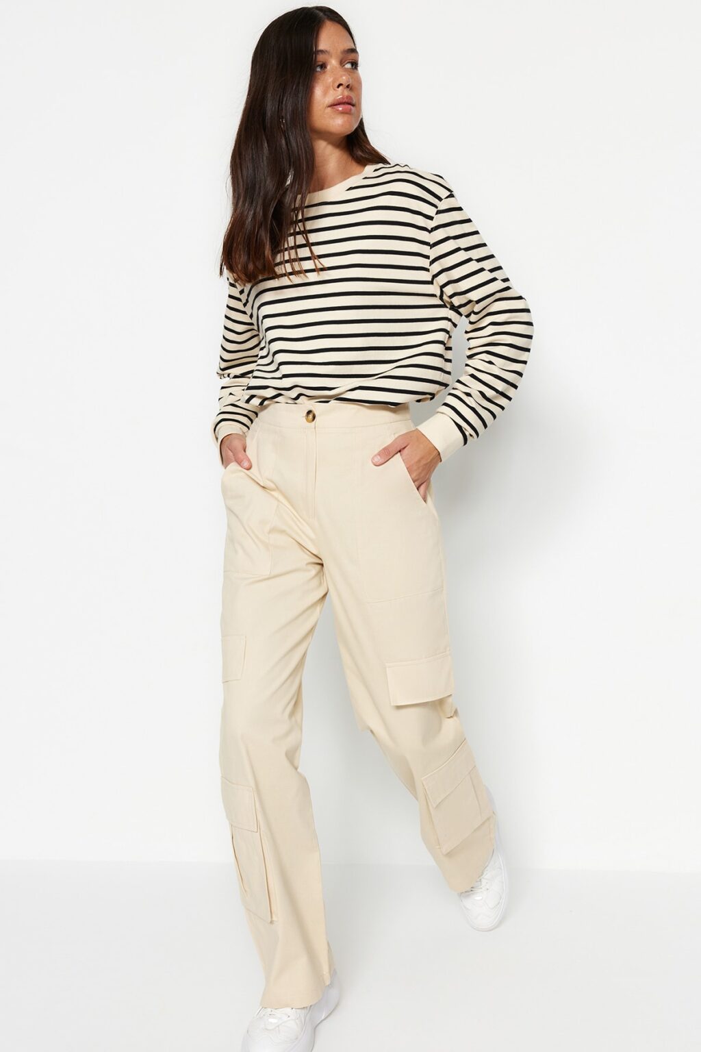 Trendyol Light Beige High Derék Széles Láb Széles Szárszövés 100% pamut Cargo nadrág