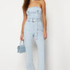 Trendyol Light Blue Belt Strapless Denim Jumpsuit