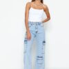 Trendyol Light Blue Cargo magas derekú széles szárú farmer zsebrészletekkel