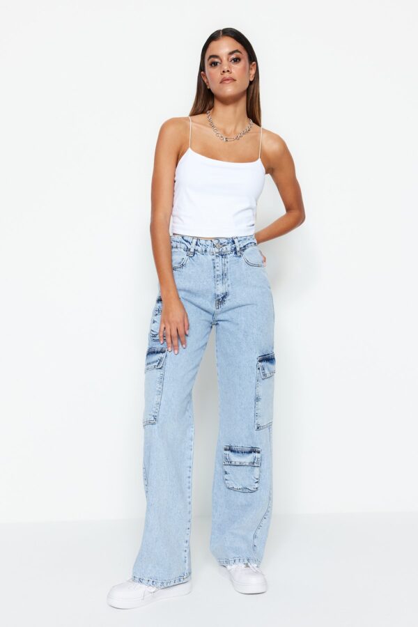 Trendyol Light Blue Cargo magas derekú széles szárú farmer zsebrészletekkel