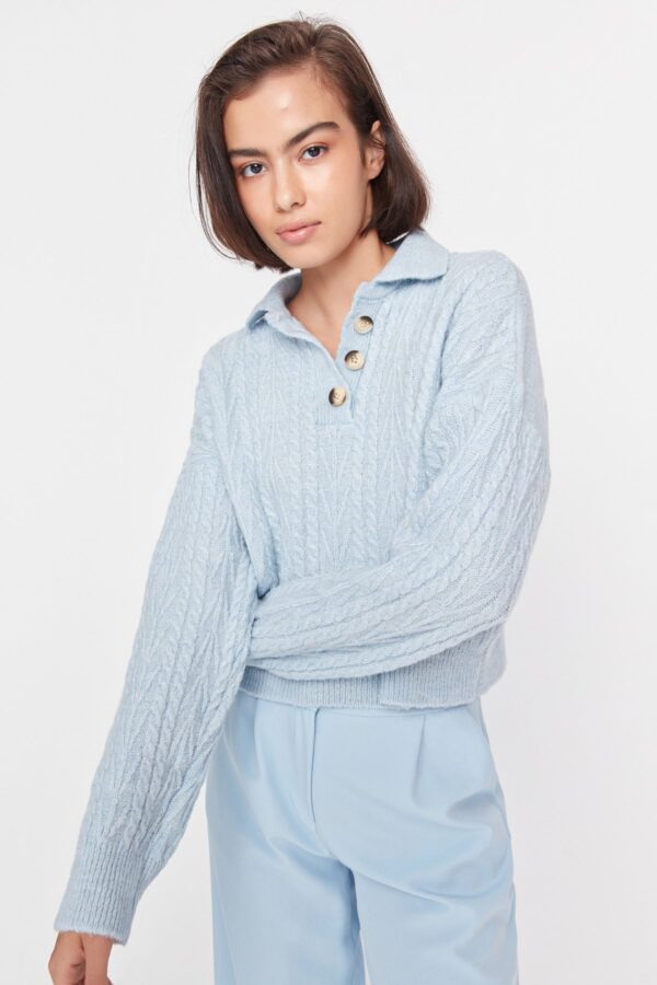 Trendyol Light Blue Crop Polo Collar Knitwear Sweater