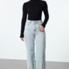 Trendyol Light Blue Leopard Patterned Folded Hem High Waist Wide Leg Jeans