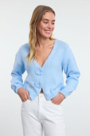 Trendyol Light Blue Rose Detailed Knitwear Cardigan