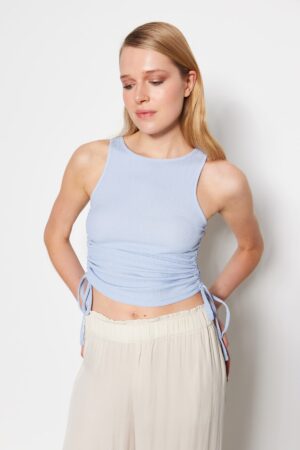 Trendyol Light Blue Shirring Detail Crescent Fabric Crop Knitted Blouse Trendyol Light Blue Shirring Detail Crescent Fabric Crop Knitted Blouse