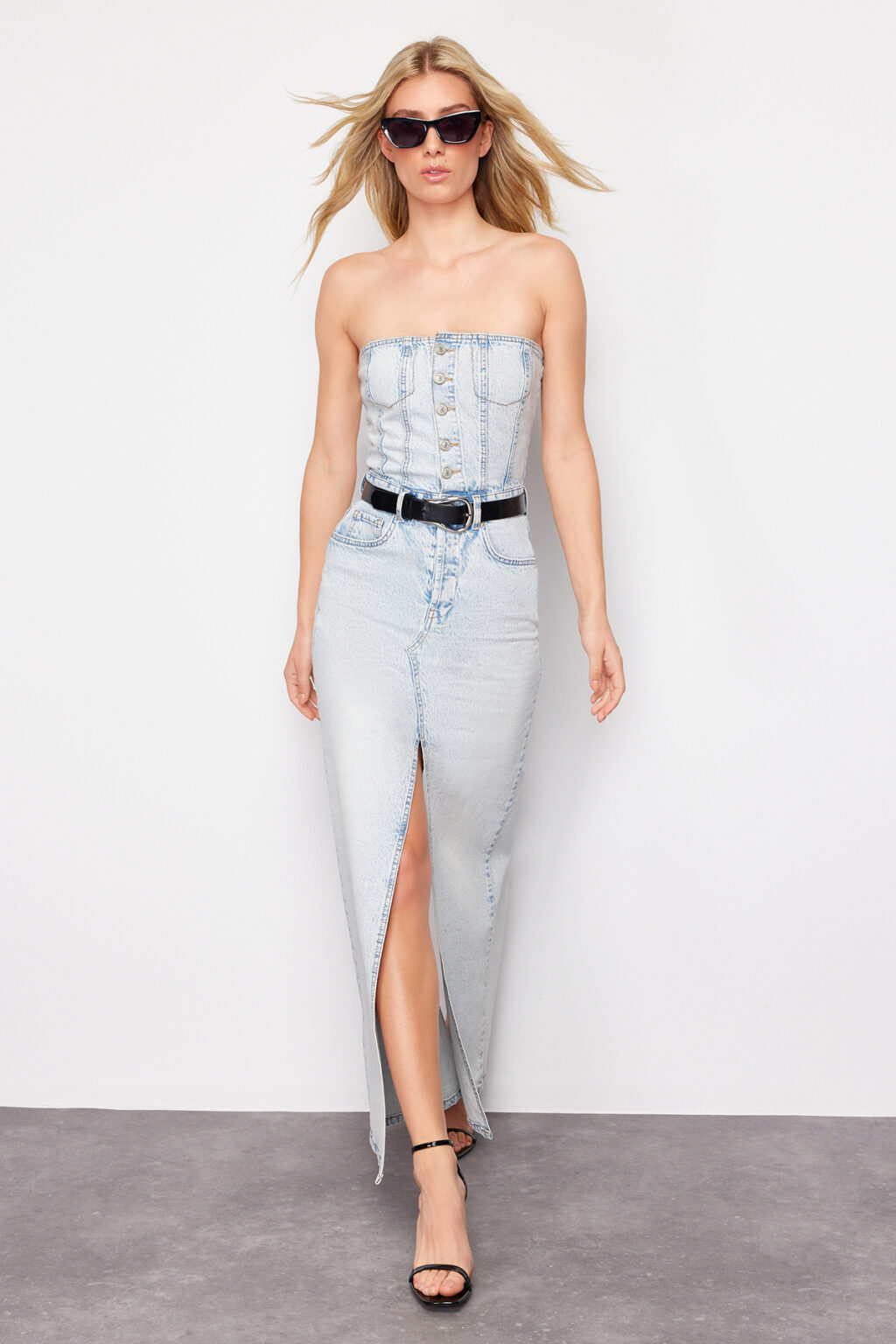 Trendyol Light Blue Slit Strapless Maxi Denim Dress