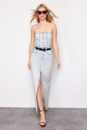 Trendyol Light Blue Slit Strapless Maxi Denim Dress