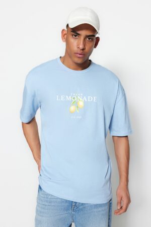 Trendyol Light Blue Unisex Oversize/Wide Cut Crew Neck rövid ujjú mintás póló