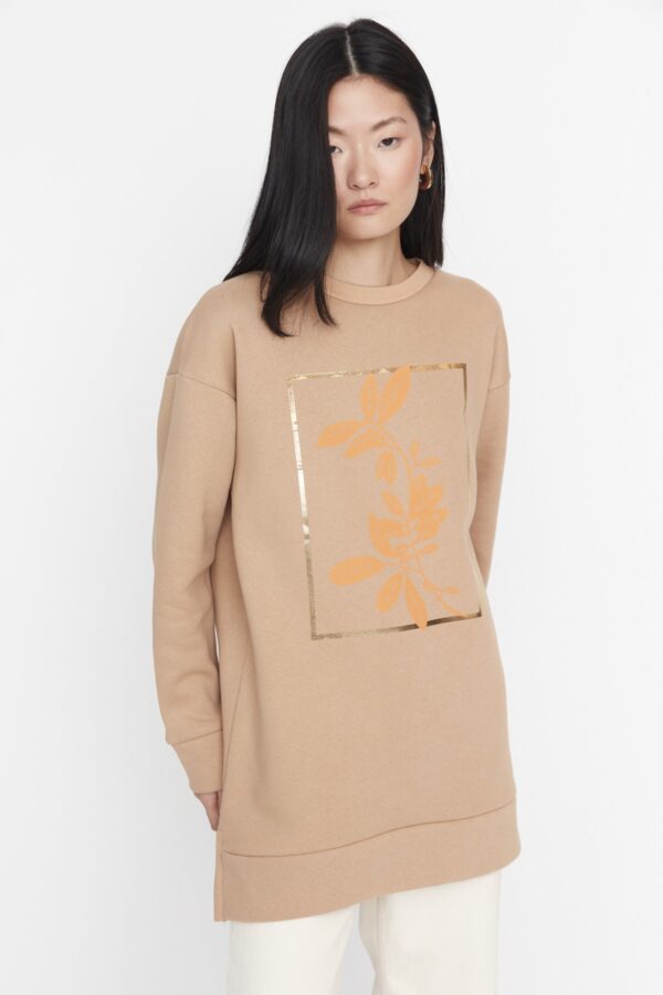 Trendyol Light Brown Front Printed Soft Pile Thick Knitted Sweatshirt