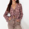 Trendyol Light Brown Patterned Tie Detailed Tulle Flexible Knitted Blouse