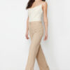 Trendyol Light Brown Straight/Straight Fit High Waist Ribbed Stitched Woven Trousers