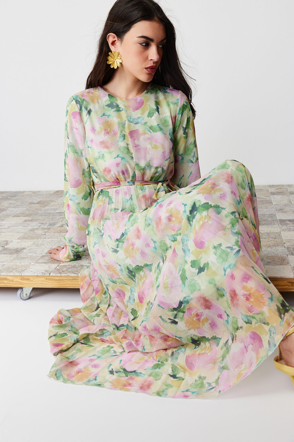 Trendyol Light Green Floral Belt Detailed Lined Pleated Chiffon Woven Dress