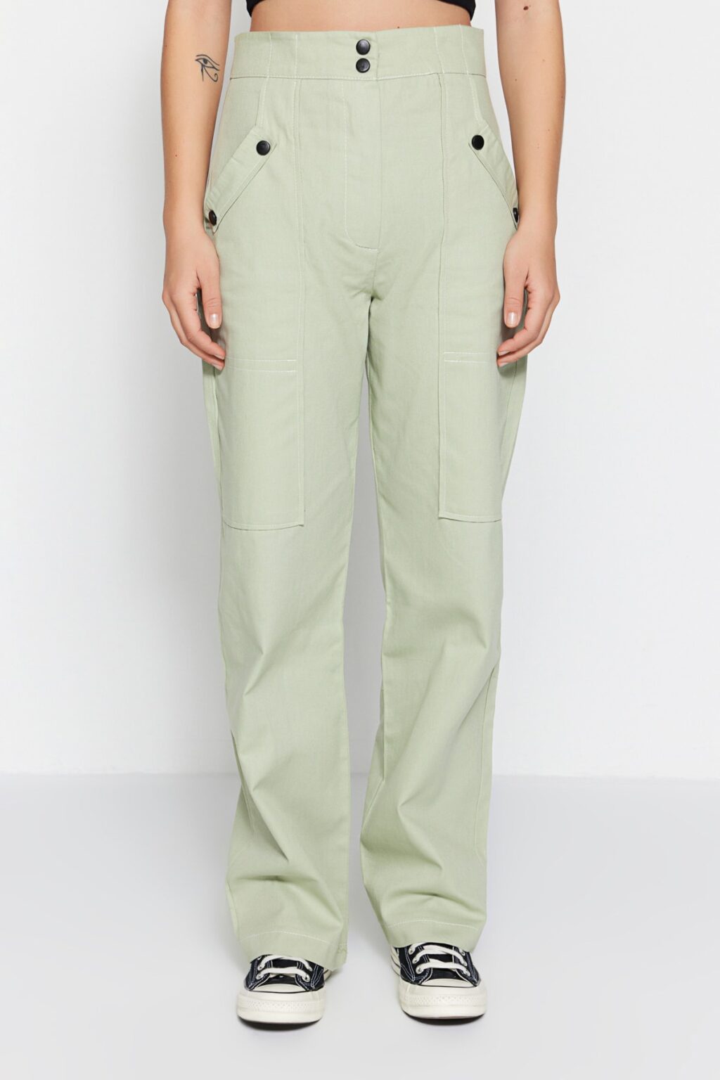 Trendyol Light Khaki Cargo szőtt gomb részletesen kidolgozott pamut nadrág