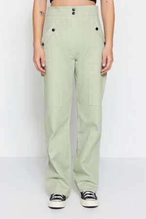 Trendyol Light Khaki Cargo szőtt gomb részletesen kidolgozott pamut nadrág