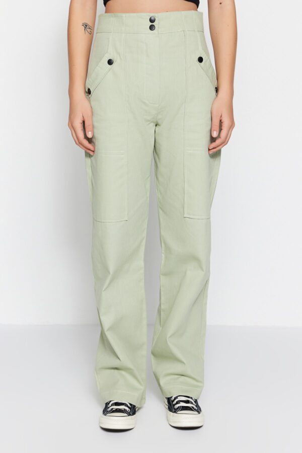 Trendyol Light Khaki Cargo szőtt gomb részletesen kidolgozott pamut nadrág