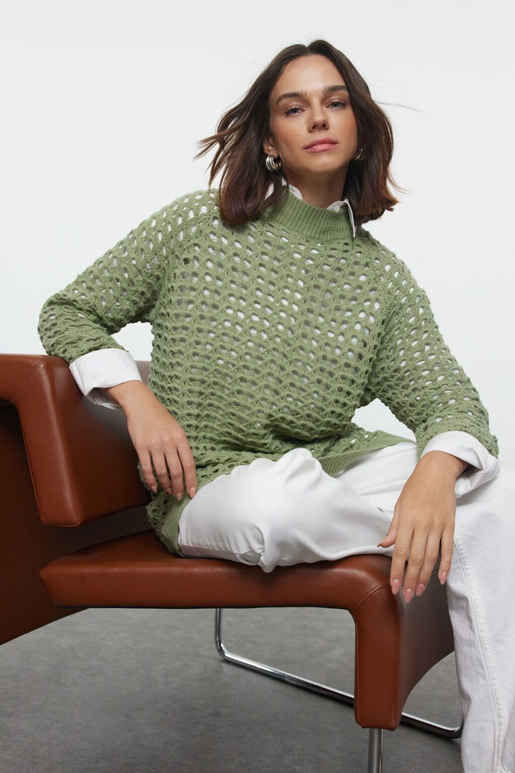 Trendyol Light Khaki Stand Collar Openwork/Hole Knitwear Sweater