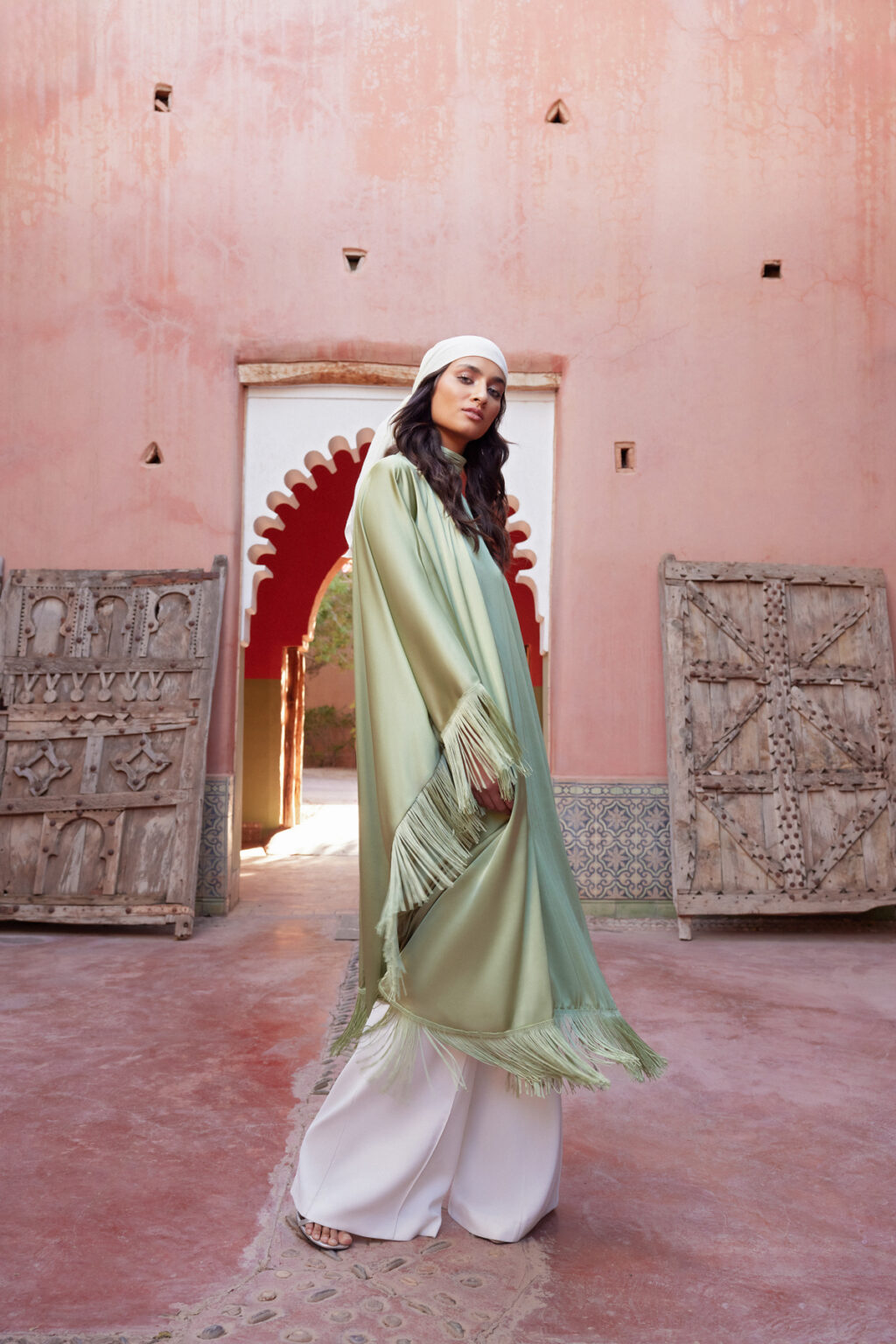 Trendyol Light Khaki Tassel Detailed Satin Weave Kaftan Evening Dress Jalabiya Dress