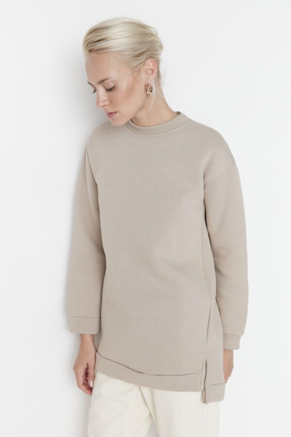 Trendyol Light Mink Slit Detailed Basic Knitted Sweatshirt