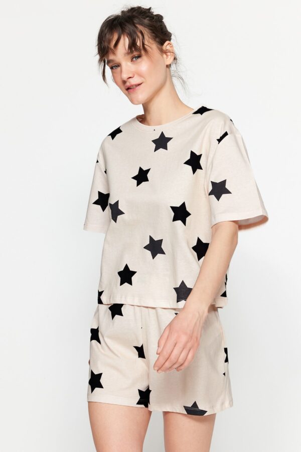 Trendyol Light Pink 100% Cotton Star Patterned Shorts Knitted Pajama Set