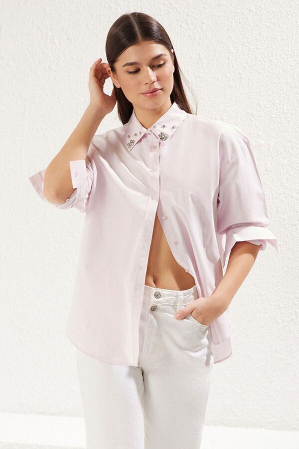Trendyol Light Pink Collar Stone Detail Oversize Woven Shirt