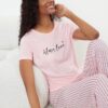 Trendyol Light Pink Slogan Printed Striped Knitted Pajama Set