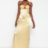 Trendyol Light yellow Weave Satin hosszú estélyi ruha ablakkal / kivágással