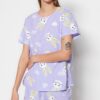 Trendyol Lilac 100% Cotton Heart Rabbit Patterned Shorts Knitted Pajama Set