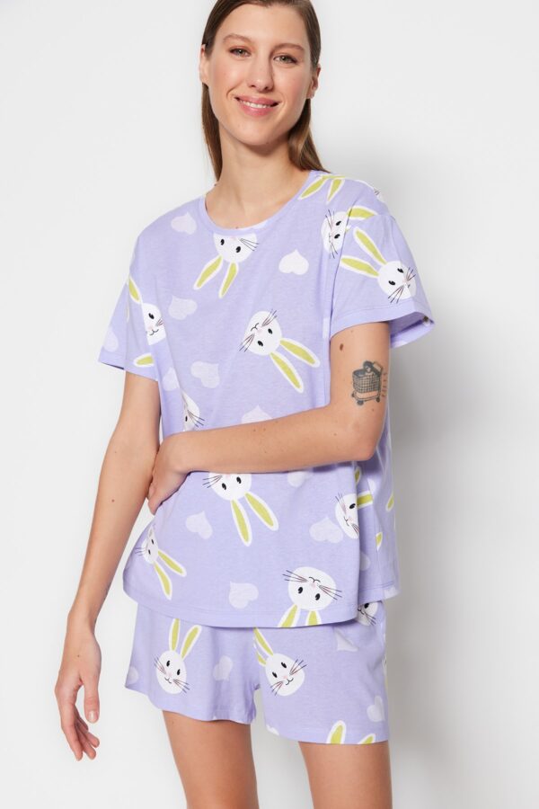Trendyol Lilac 100% Cotton Heart Rabbit Patterned Shorts Knitted Pajama Set